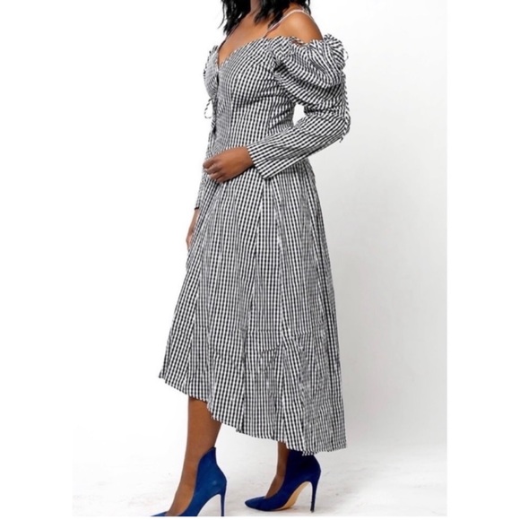 Black and White Checkered Off Shoulder Puff Sleeve High Low Dress - Picture 3 of 5